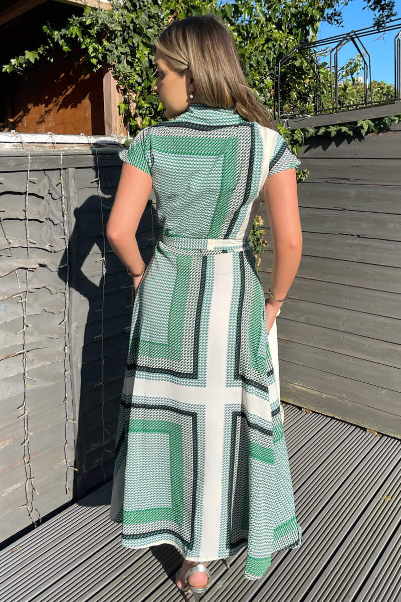 Green Printed Tie Waist Button Up Midi Dress