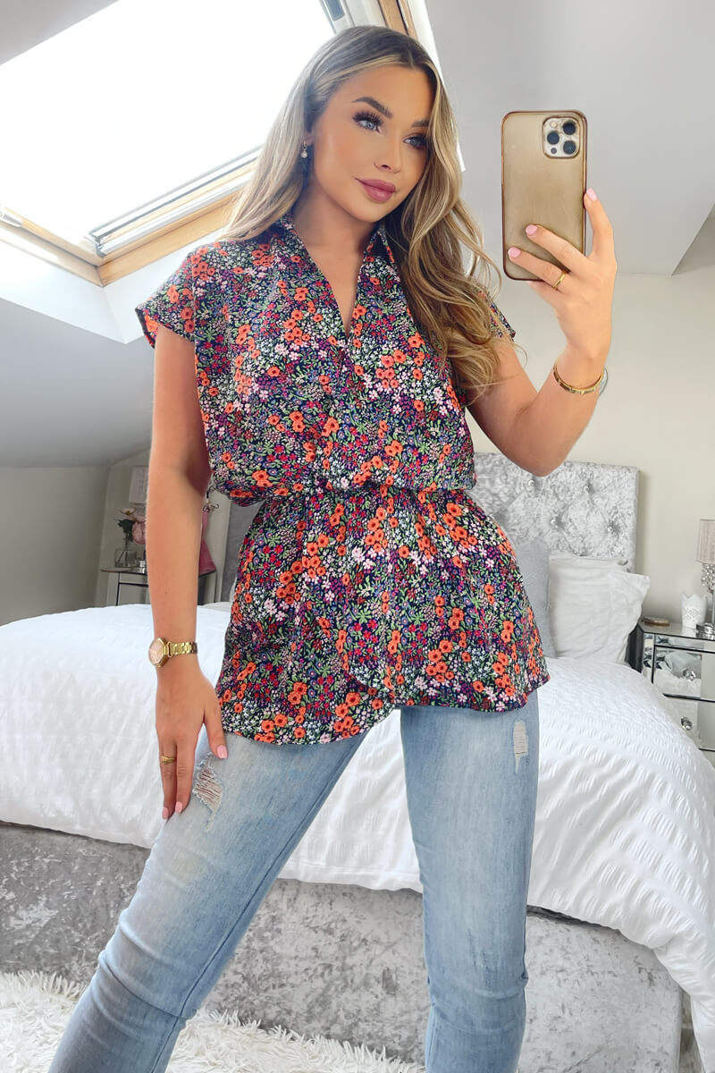 Navy and Orange Floral Print Wrap Top