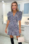 Navy and Pink Print Pleated Sleeve Skater Dress