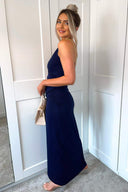 Navy Wrap Over Midi Dress With Chain Straps