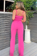 Cerise V-Buckle Belted Full Length Jumpsuit