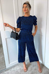 Blue Animal Print Puff Sleeve Jumpsuit