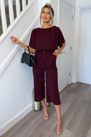 Plum Tie Waist Short Sleeve Culotte Jumpsuit