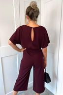 Plum Tie Waist Short Sleeve Culotte Jumpsuit