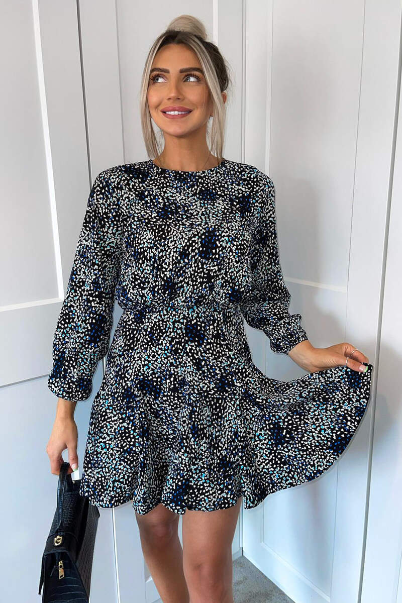 Black And Blue Printed Long Sleeve Skater Dress