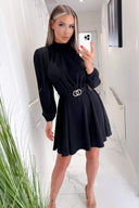 Black High Neck Long Puff Sleeve Belted Skater Dress