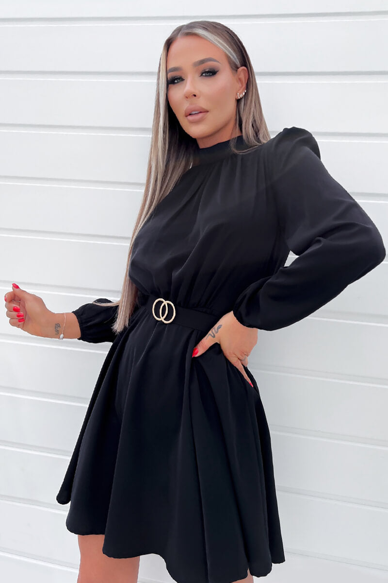 Black High Neck Long Puff Sleeve Belted Skater Dress