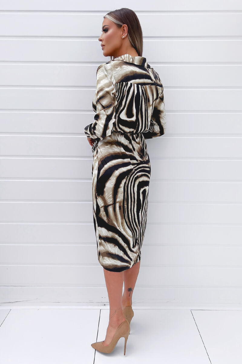 Brown Printed Long Sleeve Wrap Dress With Shoulder Pads