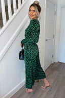 Green And Black Animal Print Long Sleeve Belted Jumpsuit