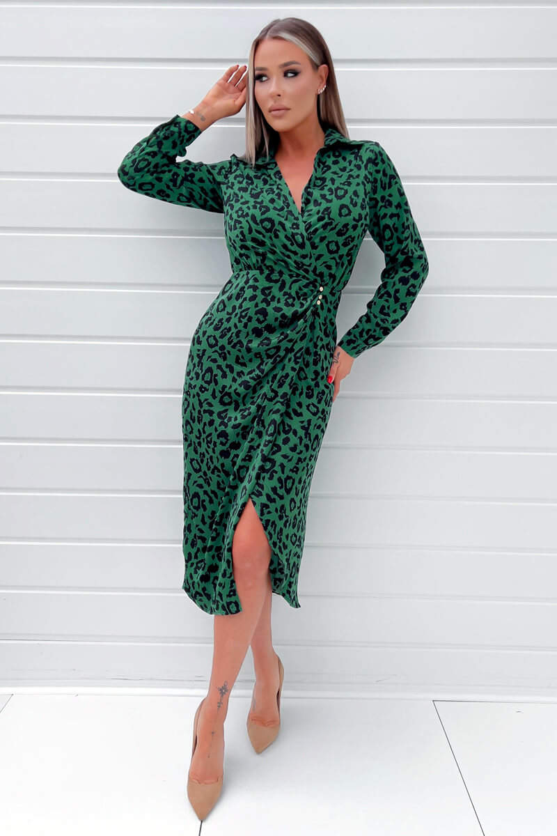 Green Animal Print Gold Button Gathered Midi Dress