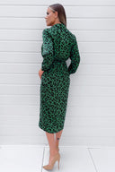 Green Animal Print Gold Button Gathered Midi Dress