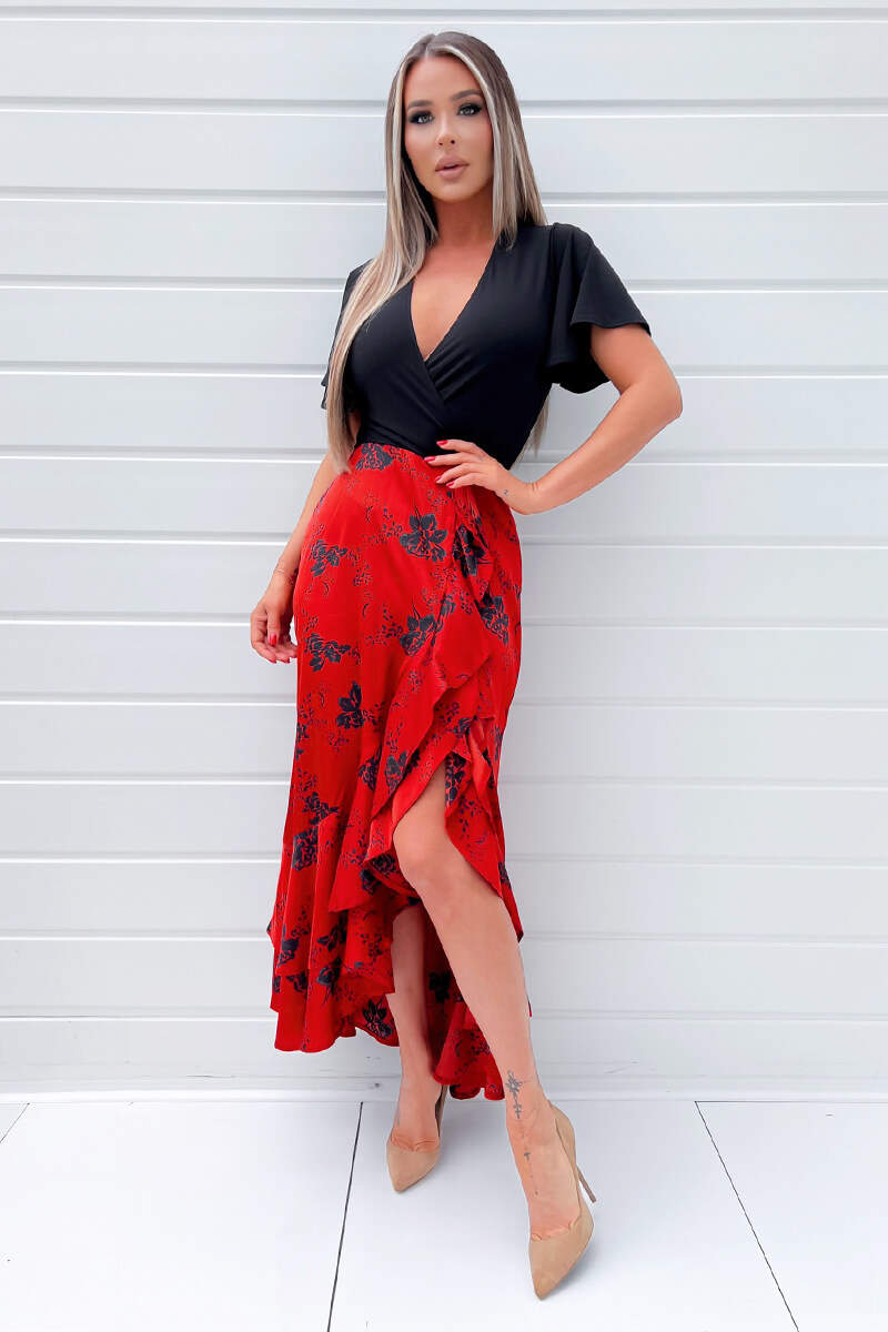 Black and Red 2 in 1 Floral Printed Wrap Midi Dress