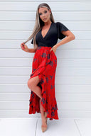 Black and Red 2 in 1 Floral Printed Wrap Midi Dress