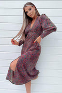 Black Floral Printed V-Neck Long Sleeve Midi Dress