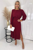 Wine Elasticated Waist Midi Dress With Split