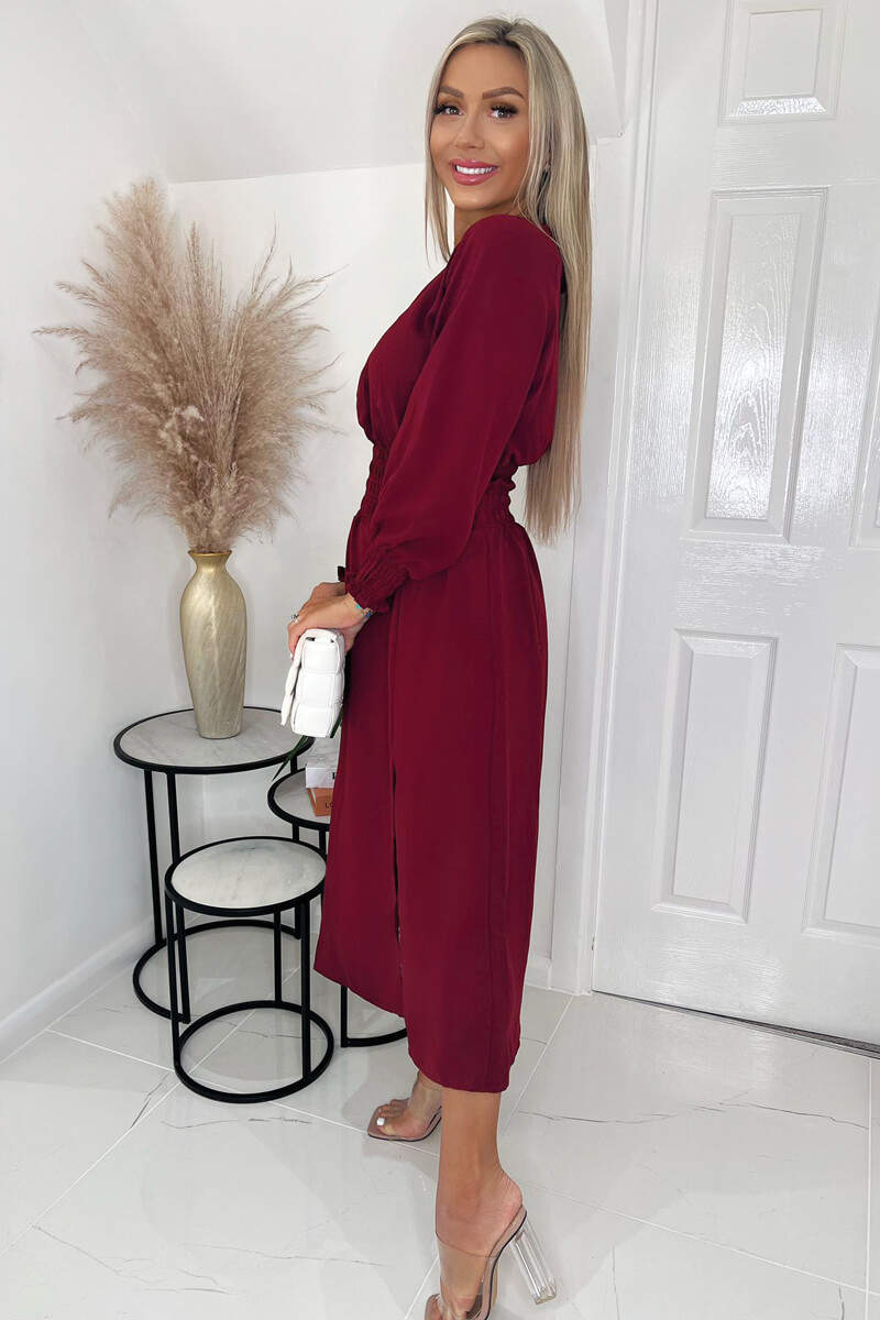 Wine Elasticated Waist Midi Dress With Split