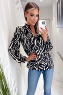 Black Animal Print Ruffle Neck Long Sleeve Top