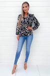 Black Animal Print Ruffle Neck Long Sleeve Top