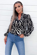 Black Animal Print Ruffle Neck Long Sleeve Top