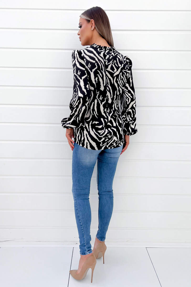 Black Animal Print Ruffle Neck Long Sleeve Top