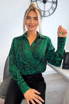 Green Printed V-Neck Long Sleeve Bodysuit