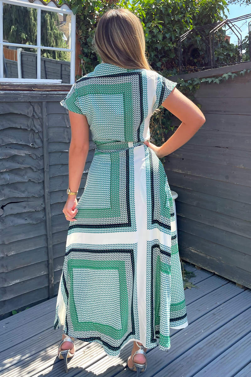 Green Printed Tie Waist Button Up Midi Dress