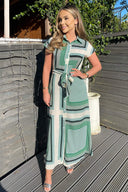 Green Printed Tie Waist Button Up Midi Dress