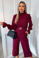 Wine High Neck Long Sleeve Belted Jumpsuit