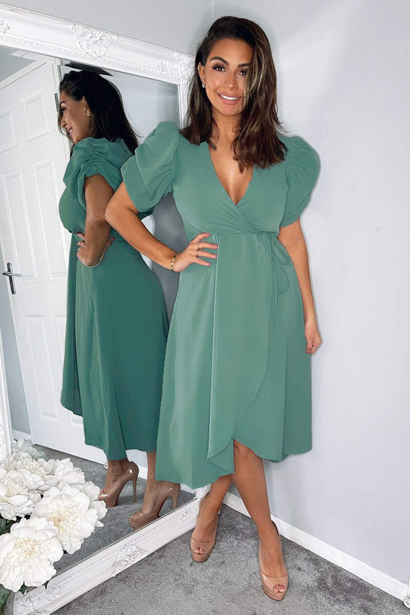 Duck Egg Wrap Over Tie Midi Dress – AX Paris US