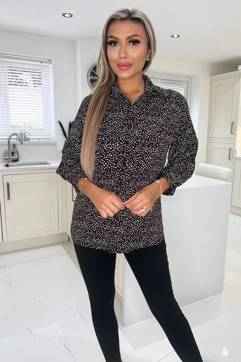 Black Printed Ruched Sleeve Shirt