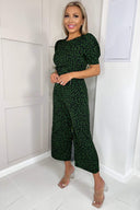 Green Animal Print Round Neck Short Sleeve Jumpsuit