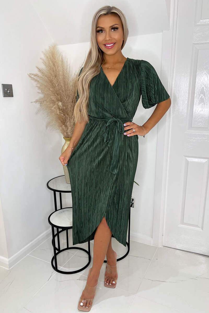 plisse midi dress with sleeves wrap top dress Green Wrap Top Belted Short Sleeve Plisse Midi Dress  AX  Paris