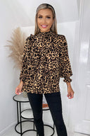 Brown Animal Print Ruffle Front Long Sleeve Top