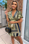 Khaki Scarf Print Short Sleeve Day Dress