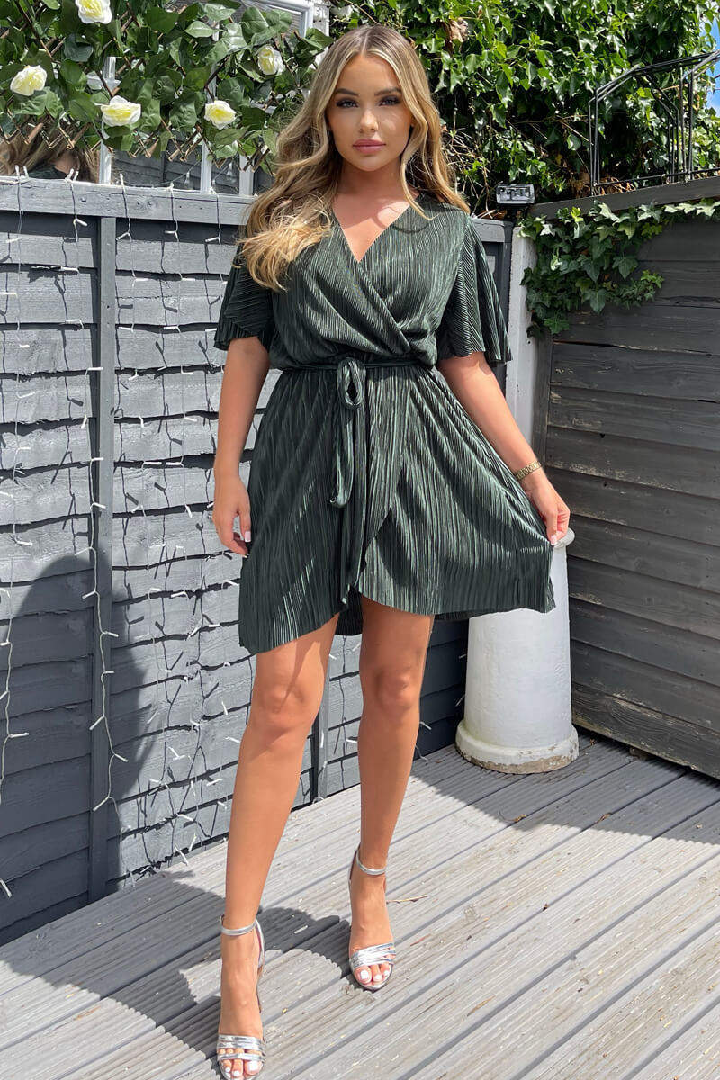 wrap dress short Khaki Wrap Top Belted Short Sleeve Plisse Mini Dress – AX Paris US