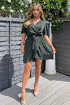 Khaki Wrap Top Belted Short Sleeve Plisse Mini Dress