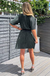 Khaki Wrap Top Belted Short Sleeve Plisse Mini Dress