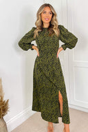 Khaki Animal Print Long Sleeve Ruffle Front Midi Dress