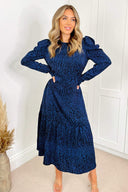 Blue Animal Print Long Sleeve Smock Dress