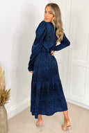 Blue Animal Print Long Sleeve Smock Dress