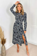 Black And Blue Printed Long Puff Sleeve Midi Dress