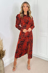 Red And Black Printed Long Sleeve Midi Dress