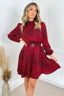 Red Leopard Print Gold Belted Skater Dress