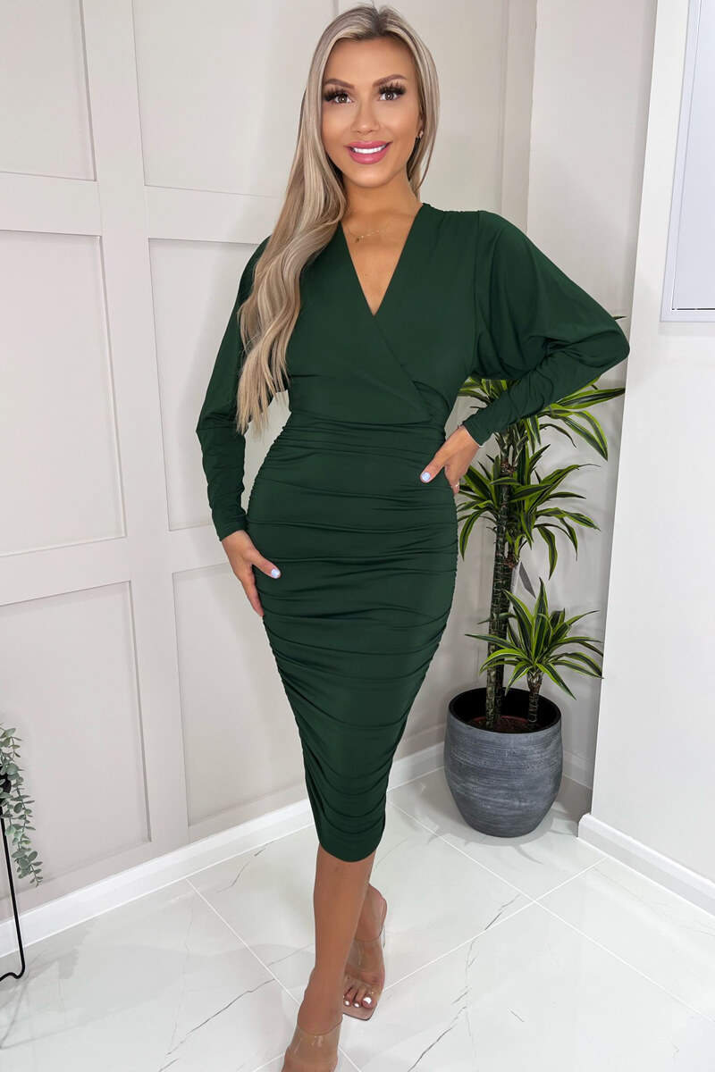 Forest Green Ruched Wrap Top Midi Dress