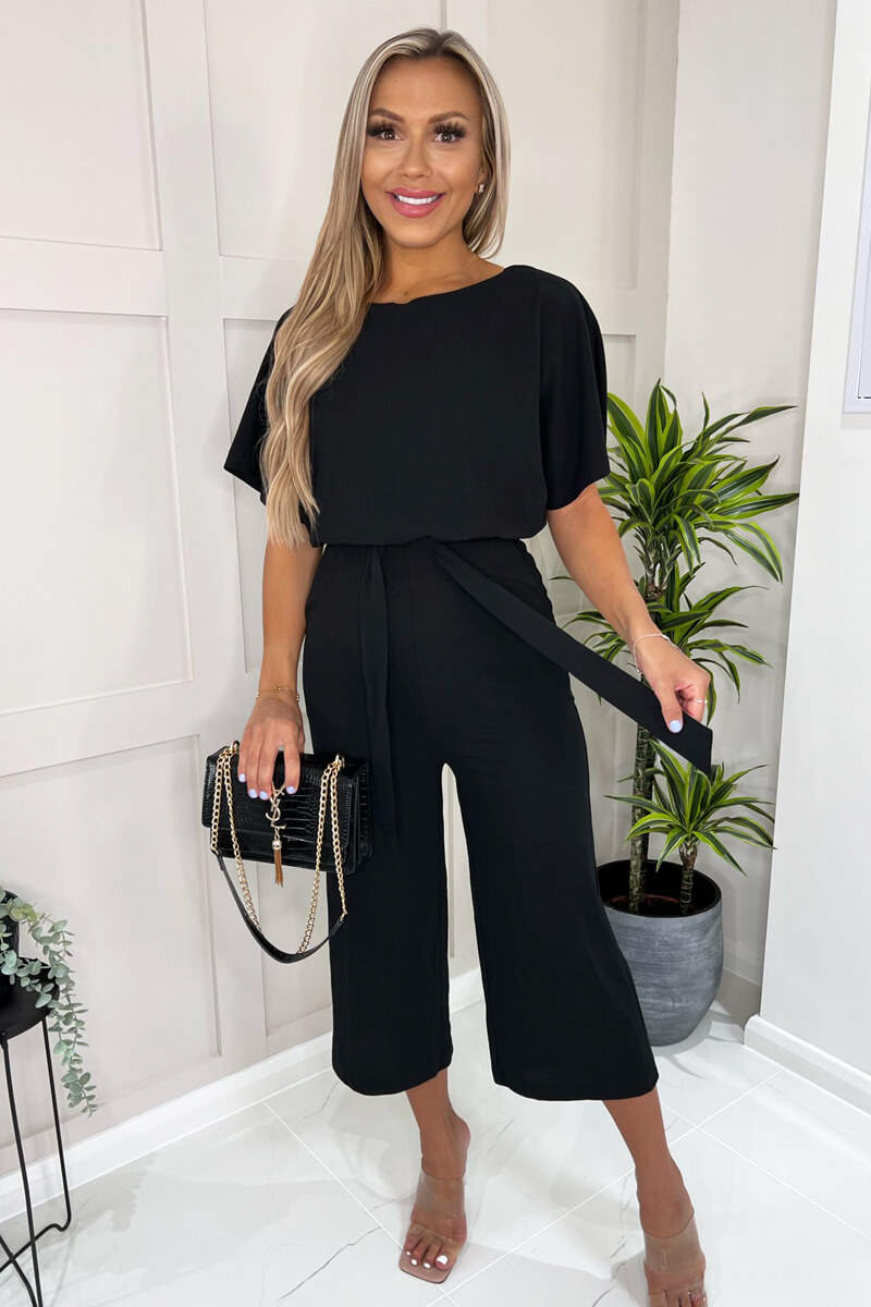 Black Tie Waist Short Sleeve Culotte Jumpsuit