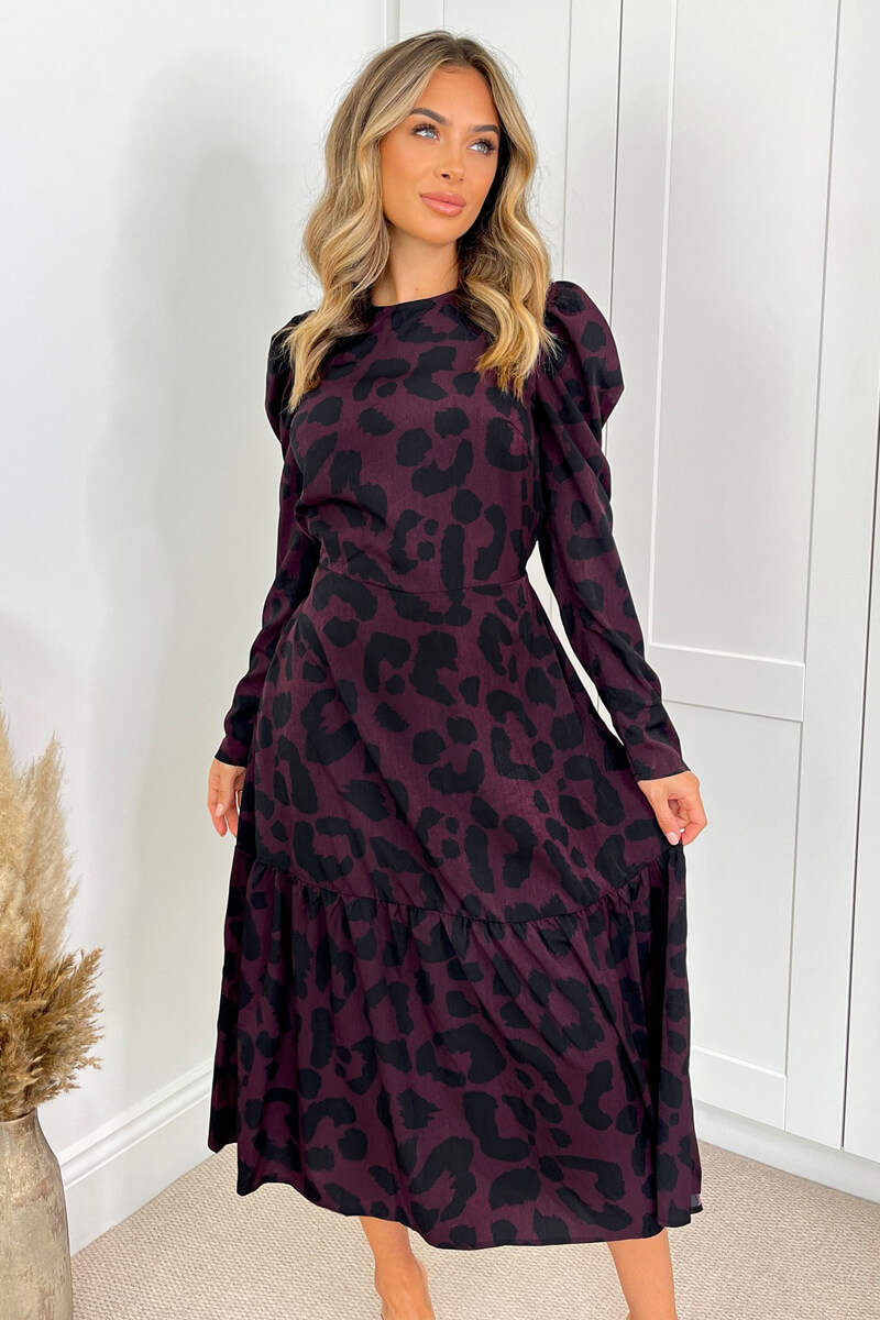 Plum And Black Animal Print Long Sleeve Midi Smock Dress