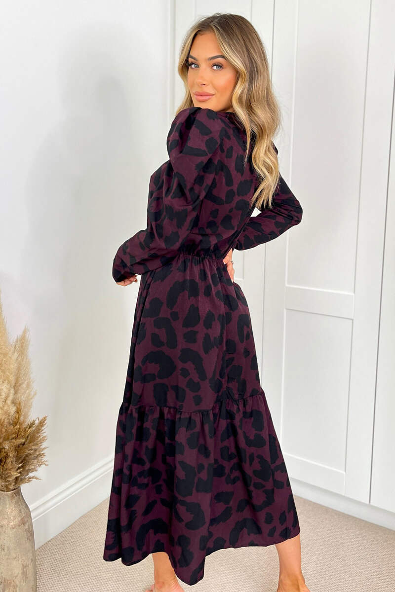 Plum And Black Animal Print Long Sleeve Midi Smock Dress