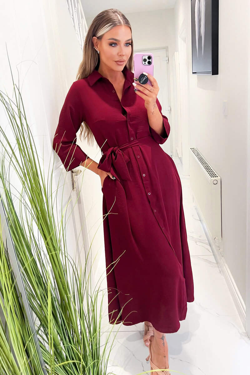 knee length dresses for ladies Wine Button Up Midi Shirt Dress – AX Paris US