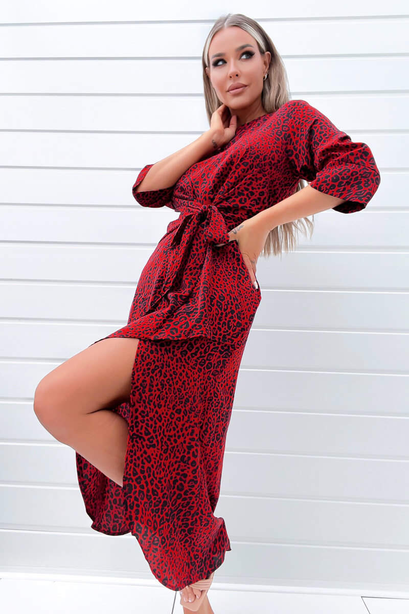 Red and Black Animal Print Tie Front Midi Dress