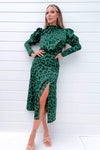 Green and Black Animal Print Puff Long Sleeve Midi Dress